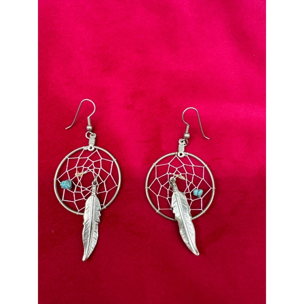 Silver Turquoise Dream Catcher Earrings with Feather